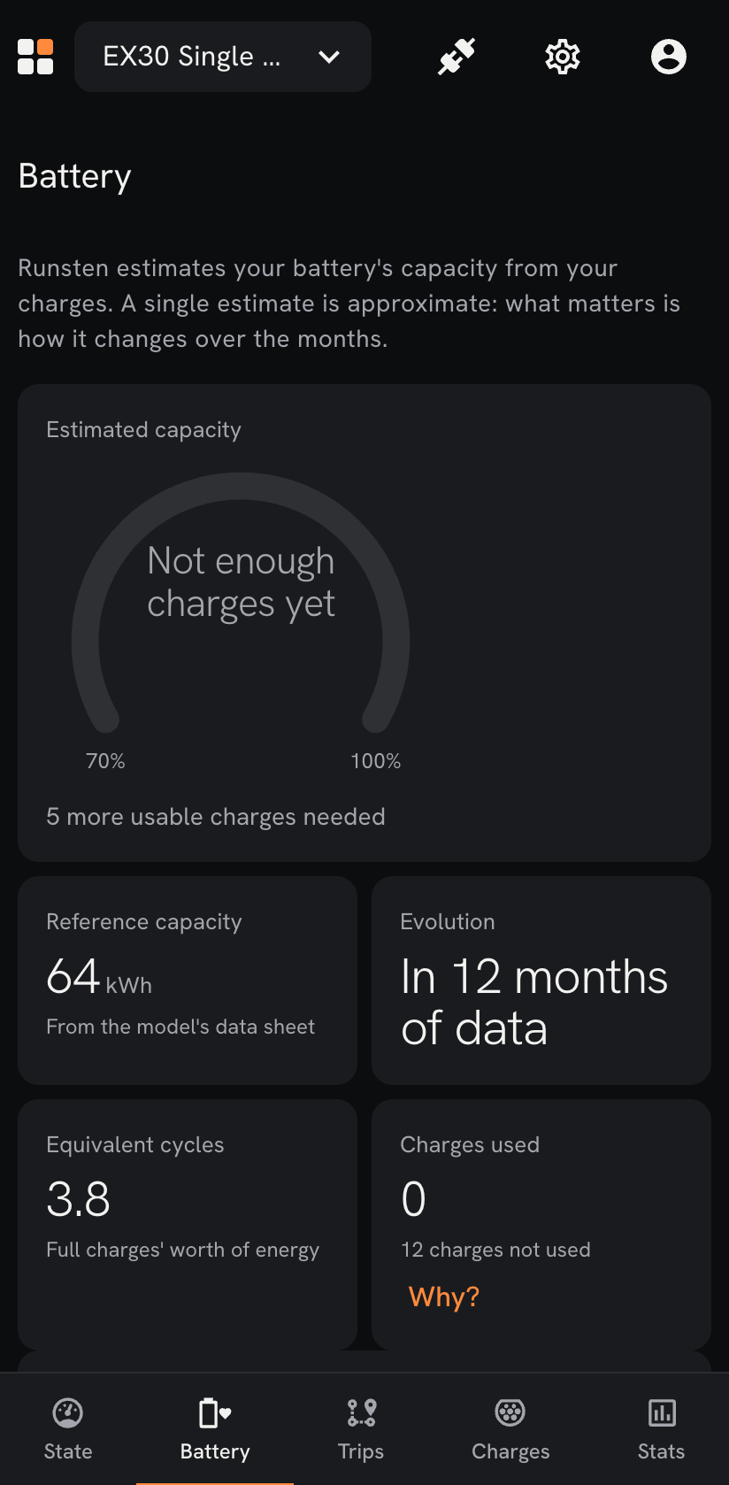 The battery page: estimated capacity against the data sheet.