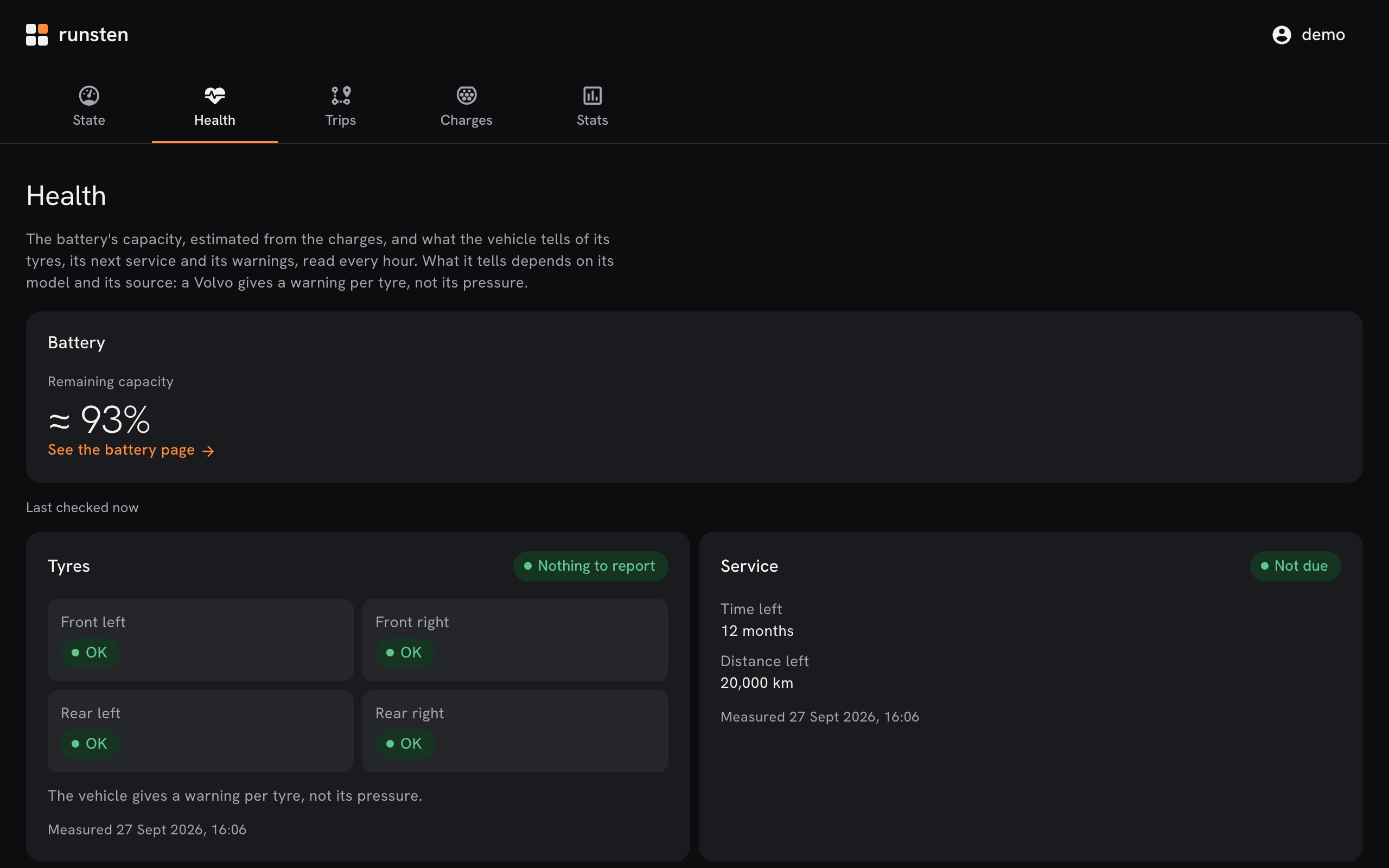 The Health tab: the battery, the tyres, the service and the warnings.