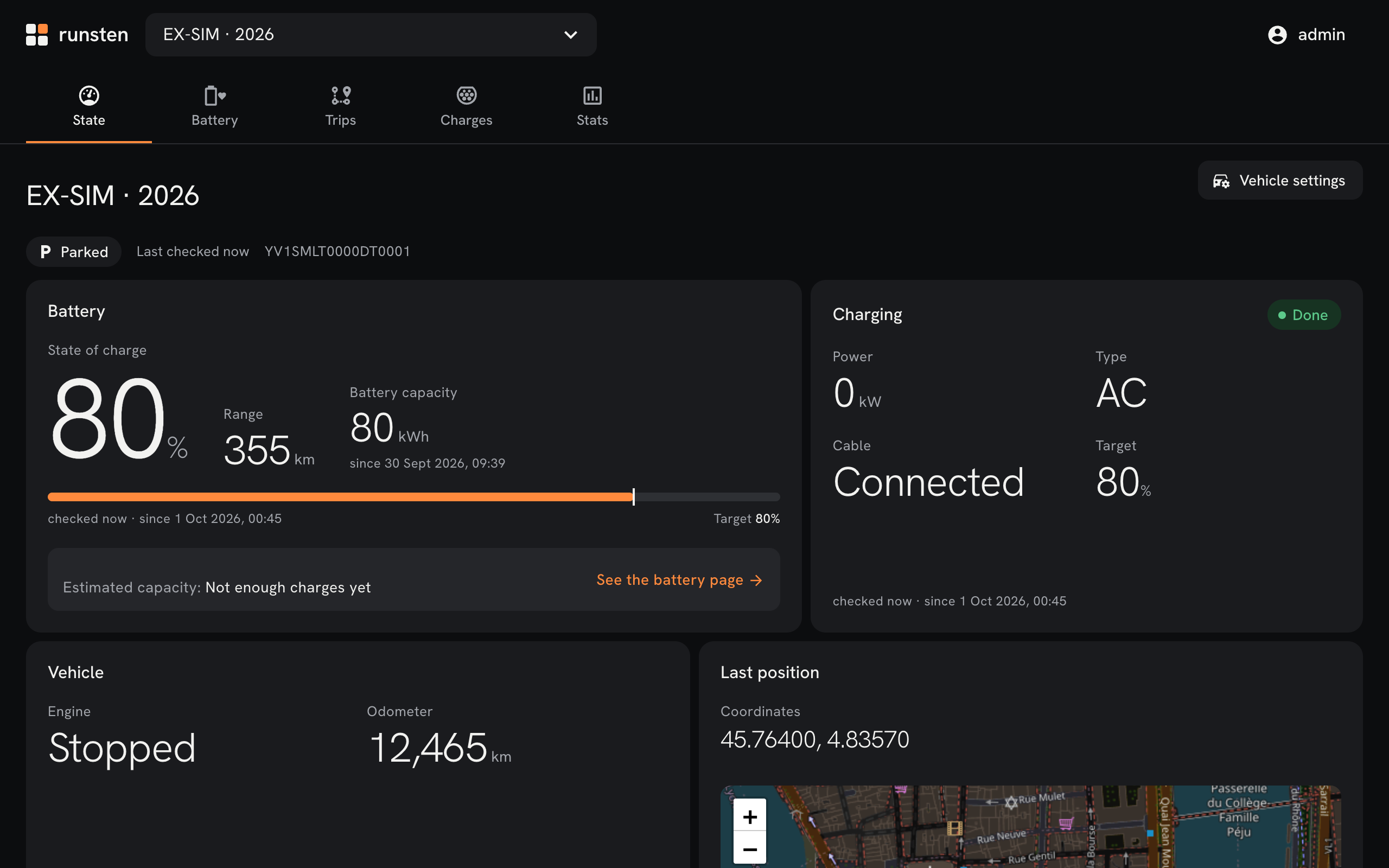 The State tab: charge level, range, odometer and last position.