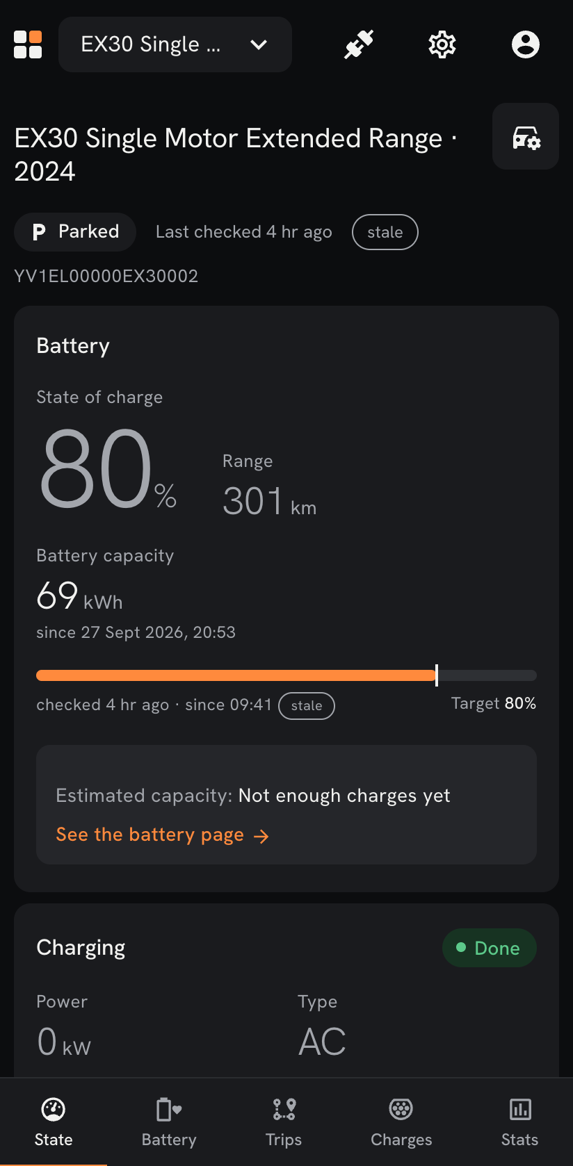 The state of the car on a phone: charge, range and position.