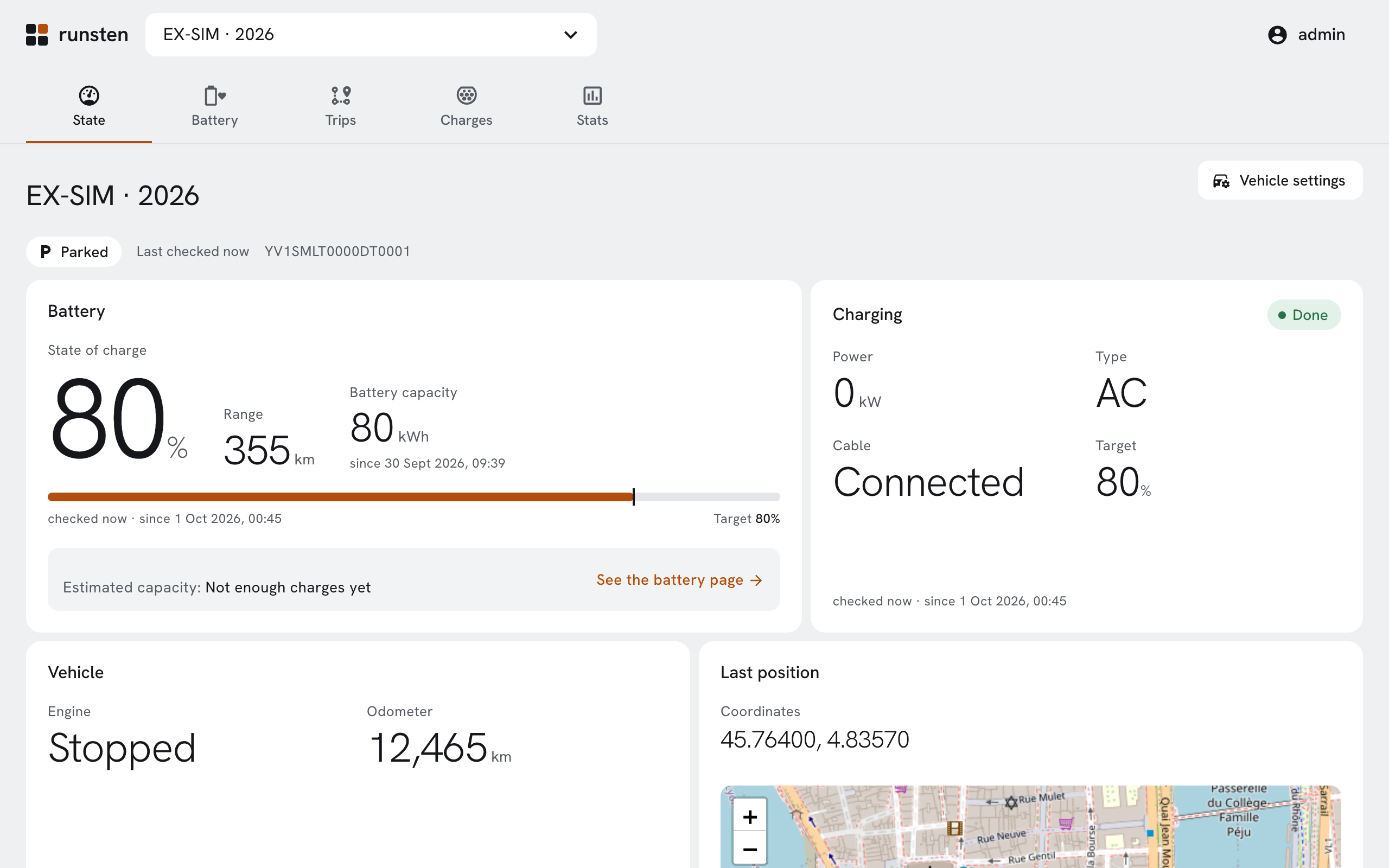 The State tab: charge level, range, odometer and last position.